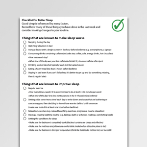 Checklist For Better Sleep Worksheet PDF | Psychology Tools